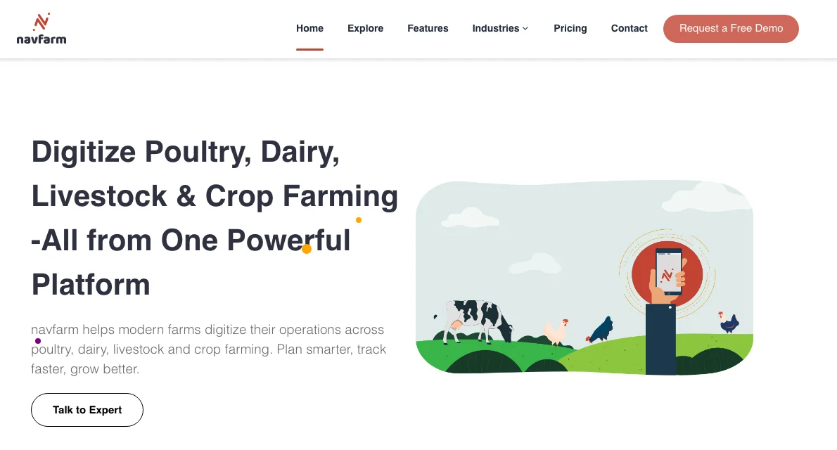 The navfarm.com homepage: the navfarm wordmark and navigation above the headline “Digitize Poultry, Dairy, Livestock & Crop Farming – All from One Powerful Platform”, with a “Talk to Expert” button and an illustration of livestock beside a hand holding a phone.